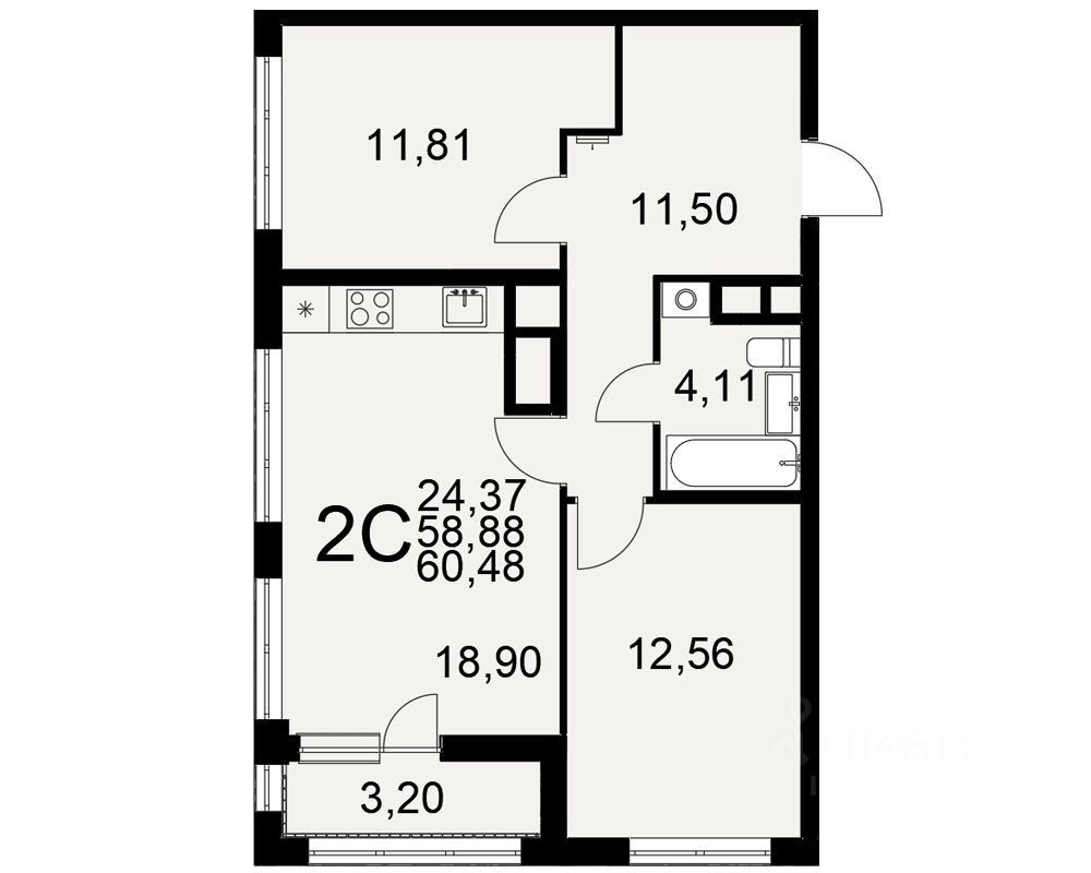 2-комн.кв., 60,5 м², 6/25 этаж