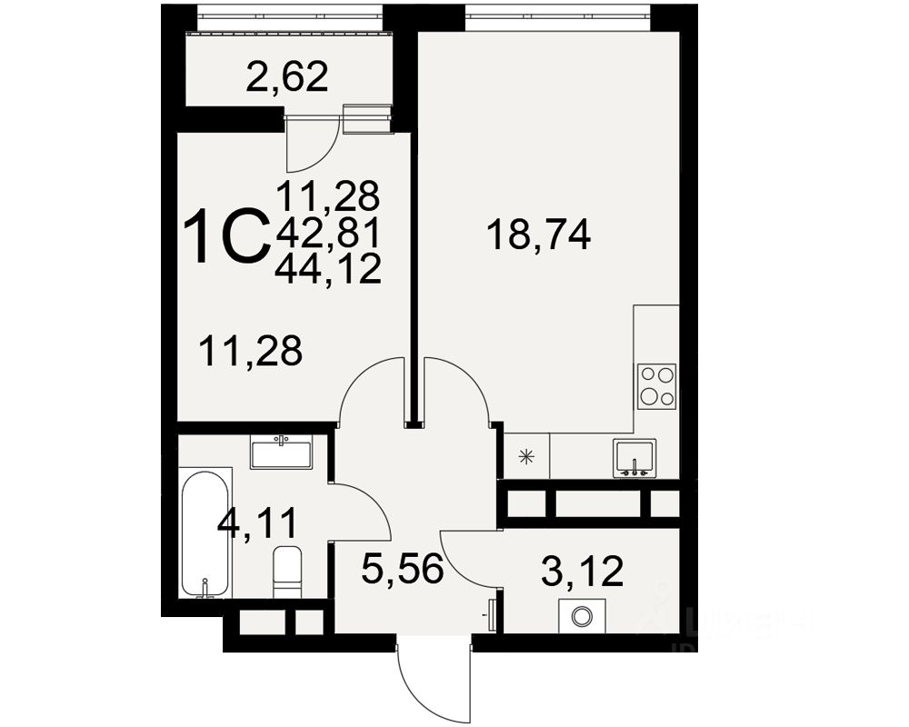 1-комн.кв., 44,1 м², 6/25 этаж