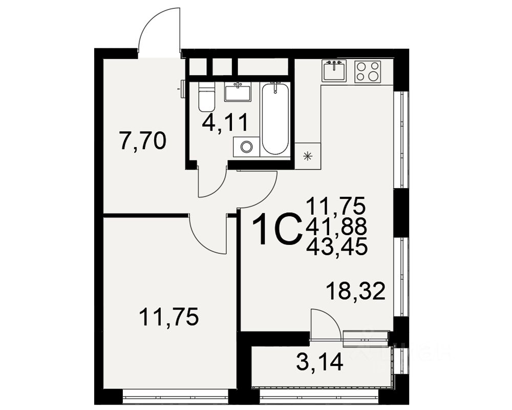 1-комн.кв., 43,5 м², 4/25 этаж