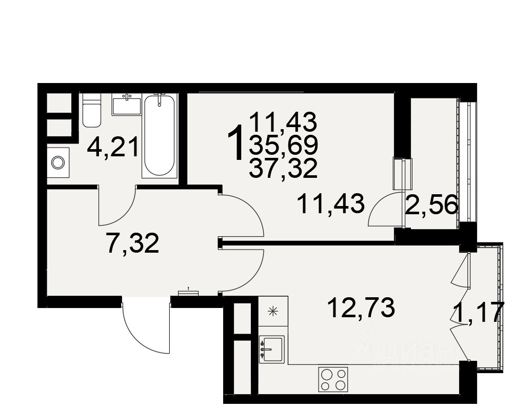1-комн.кв., 37,3 м², 4/25 этаж