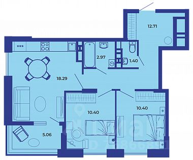 2-комн.кв., 61,1 м², 19/19 этаж