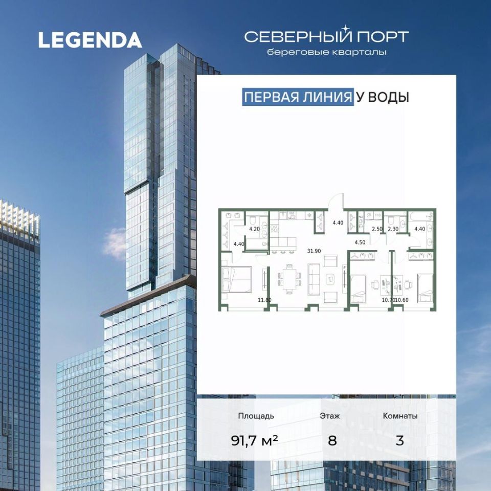 3-комн.кв., 91,7 м², 8/20 этаж