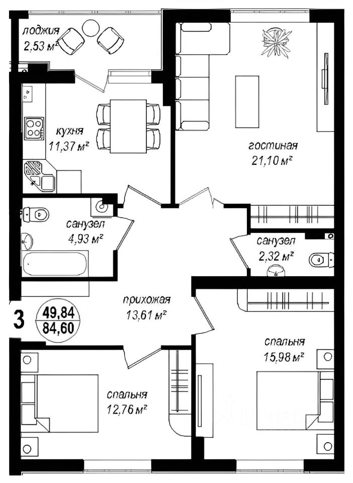 Планировка этой квартиры по данным Циан