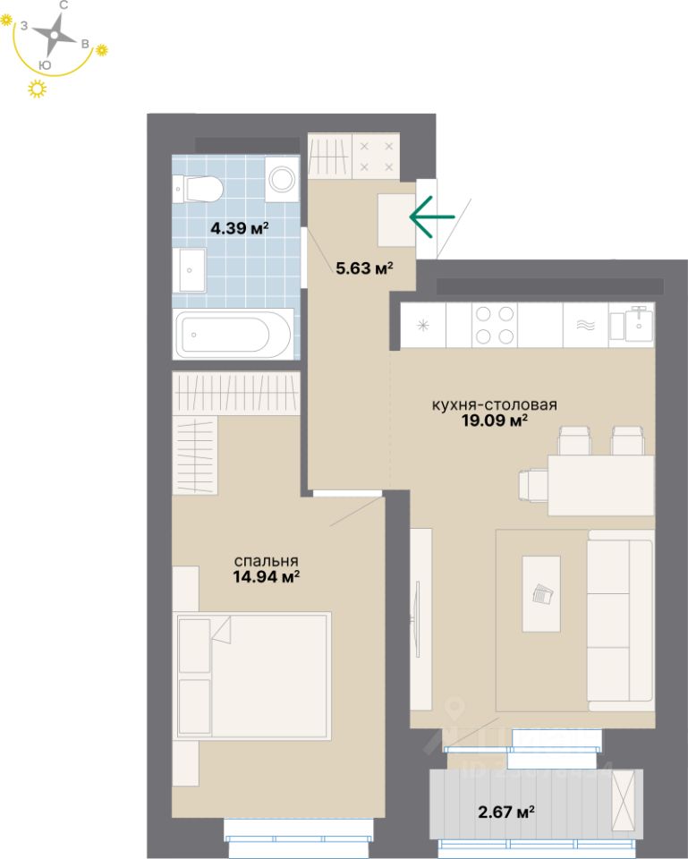 1-комн.кв., 46,7 м², 8/24 этаж