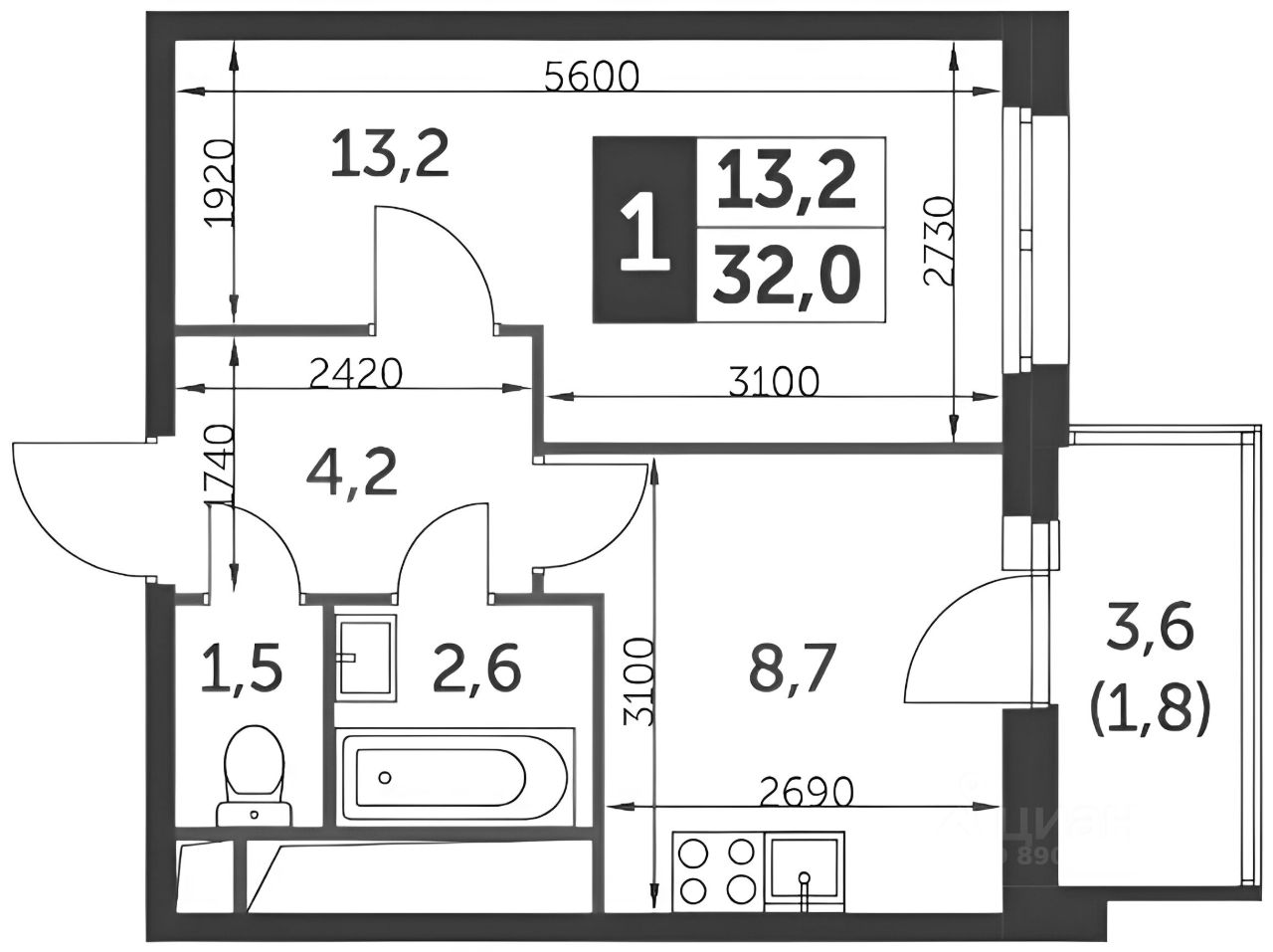 Планировка этой квартиры по данным Циан
