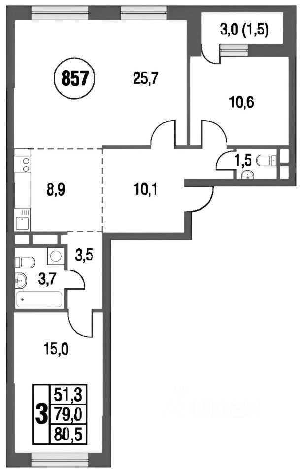 Планировка этой квартиры по данным Циан
