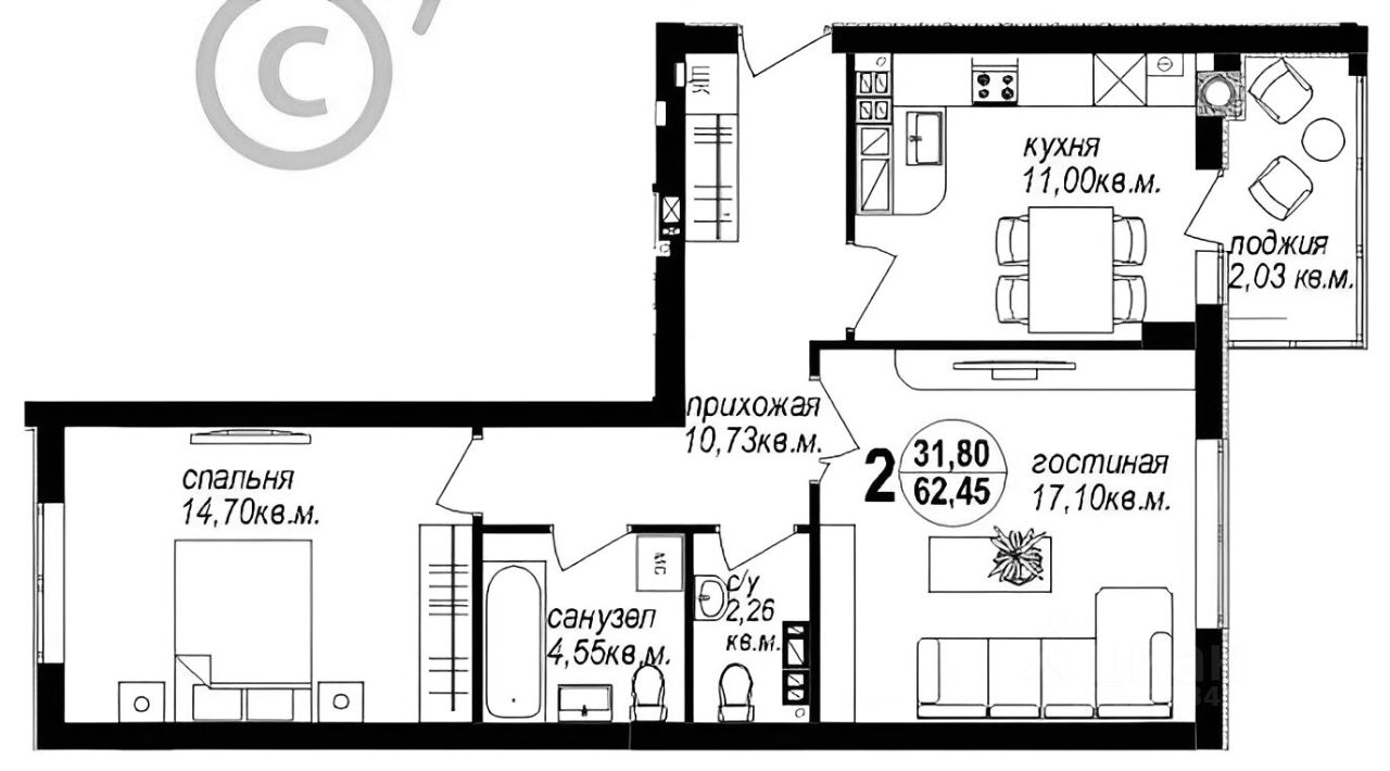 Планировка этой квартиры по данным Циан