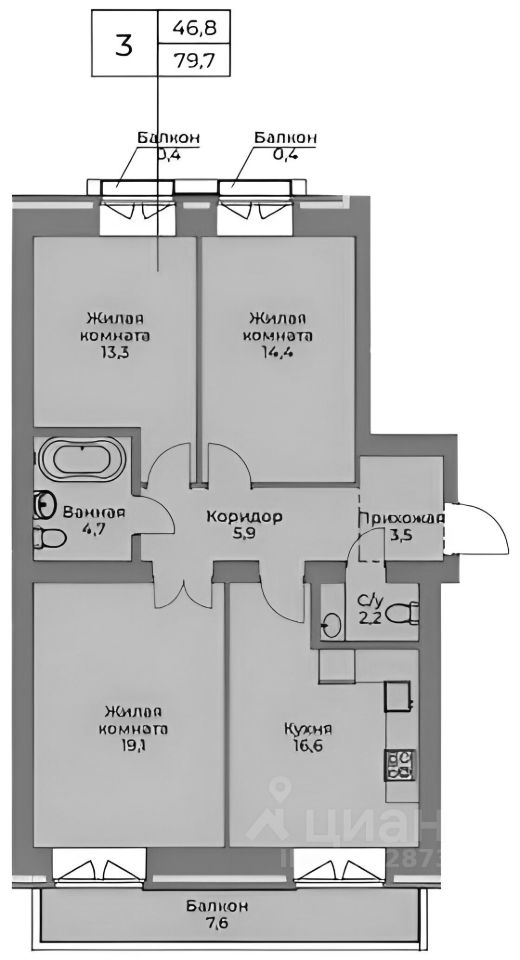 Планировка этой квартиры по данным Циан