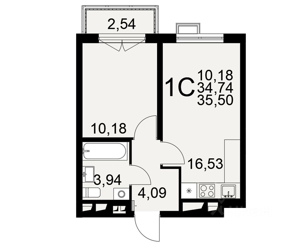 1-комн.кв., 35,5 м², 4/16 этаж
