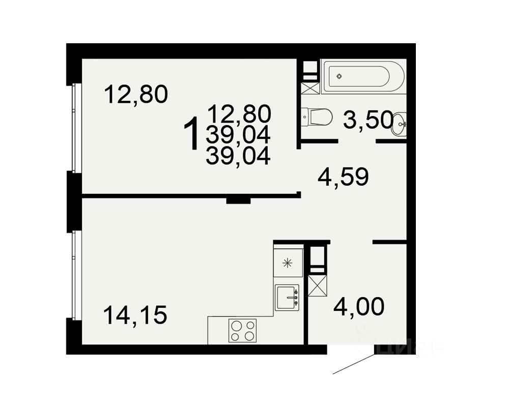1-комн.кв., 39 м², 2/10 этаж