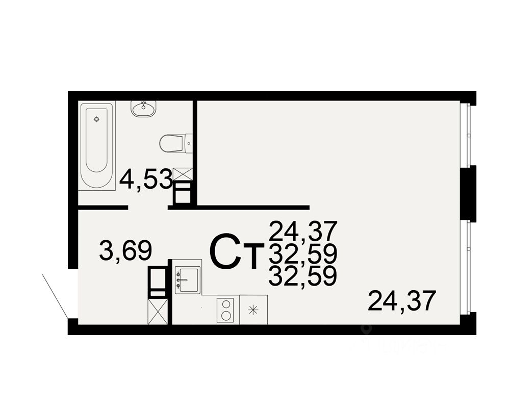 1-комн.кв., 32,6 м², 2/10 этаж