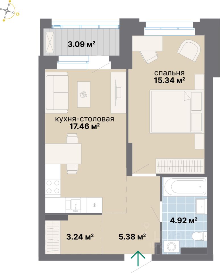 1-комн.кв., 49,4 м², 6/25 этаж