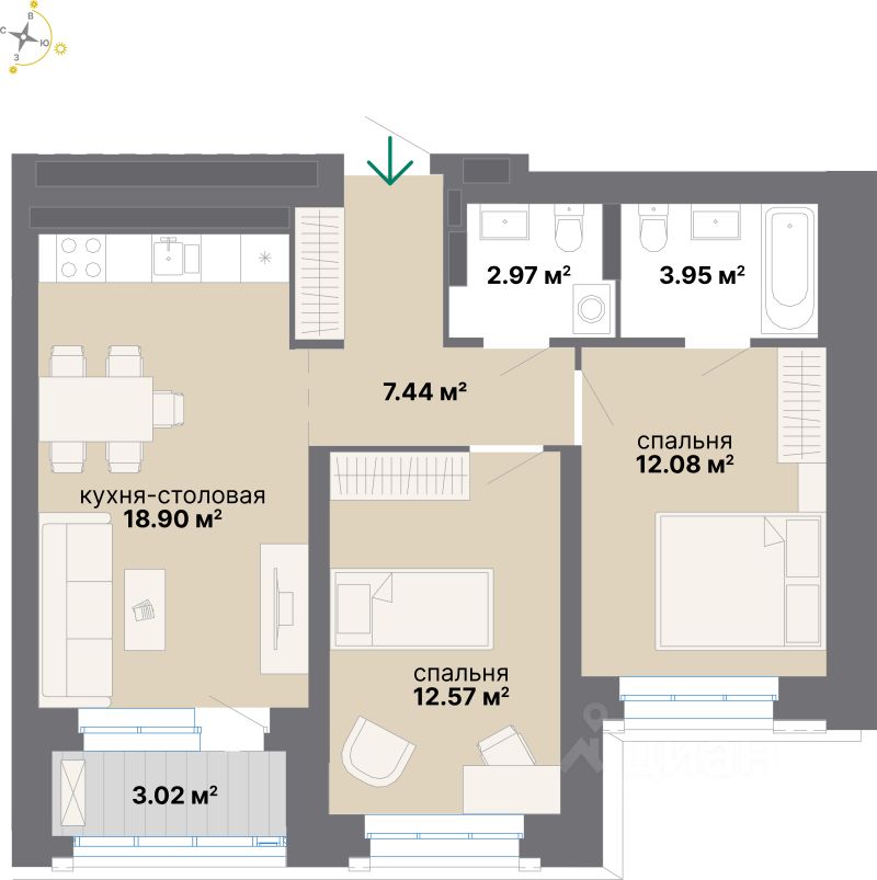 2-комн.кв., 60,9 м², 2/25 этаж