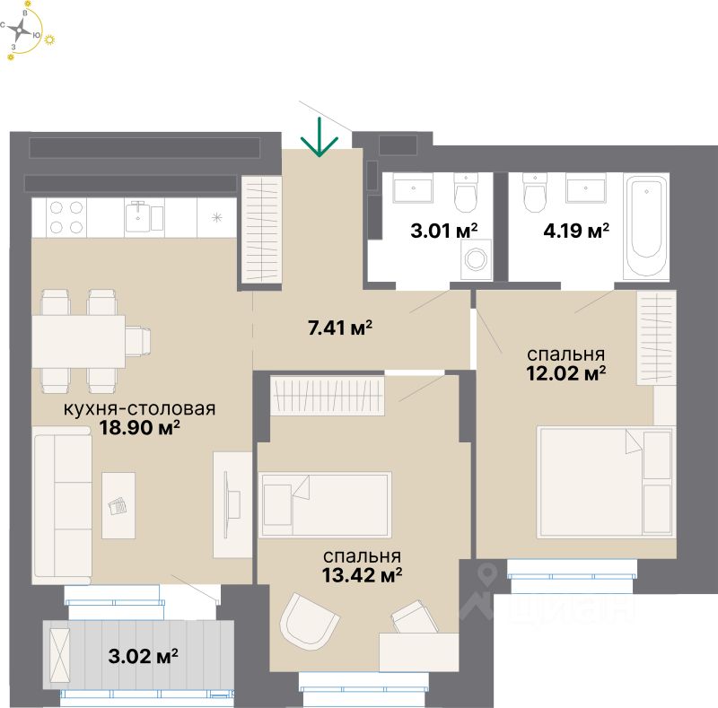 2-комн.кв., 62 м², 12/25 этаж