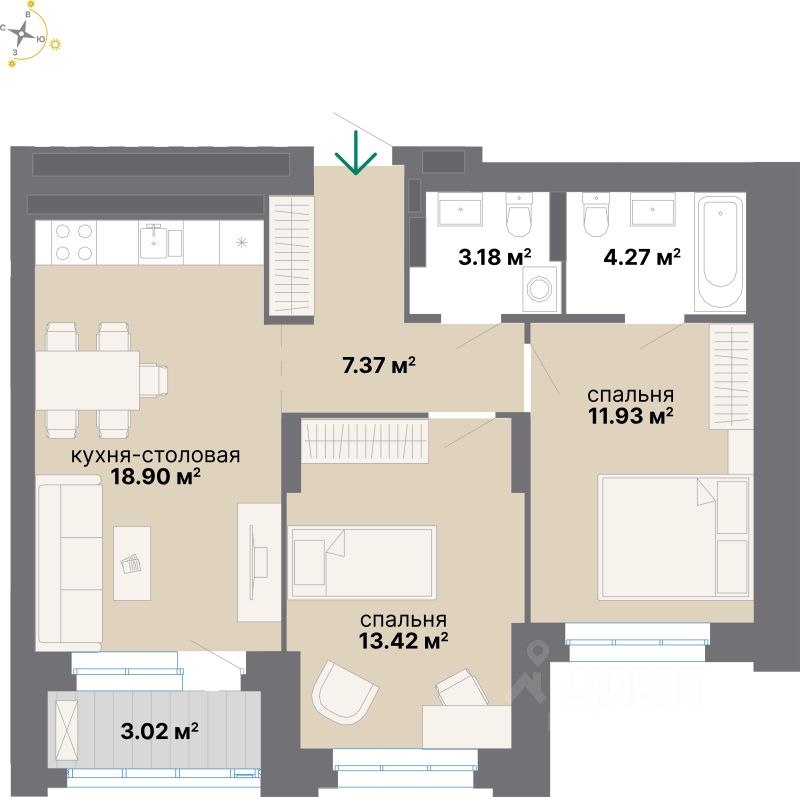 2-комн.кв., 62,1 м², 4/25 этаж