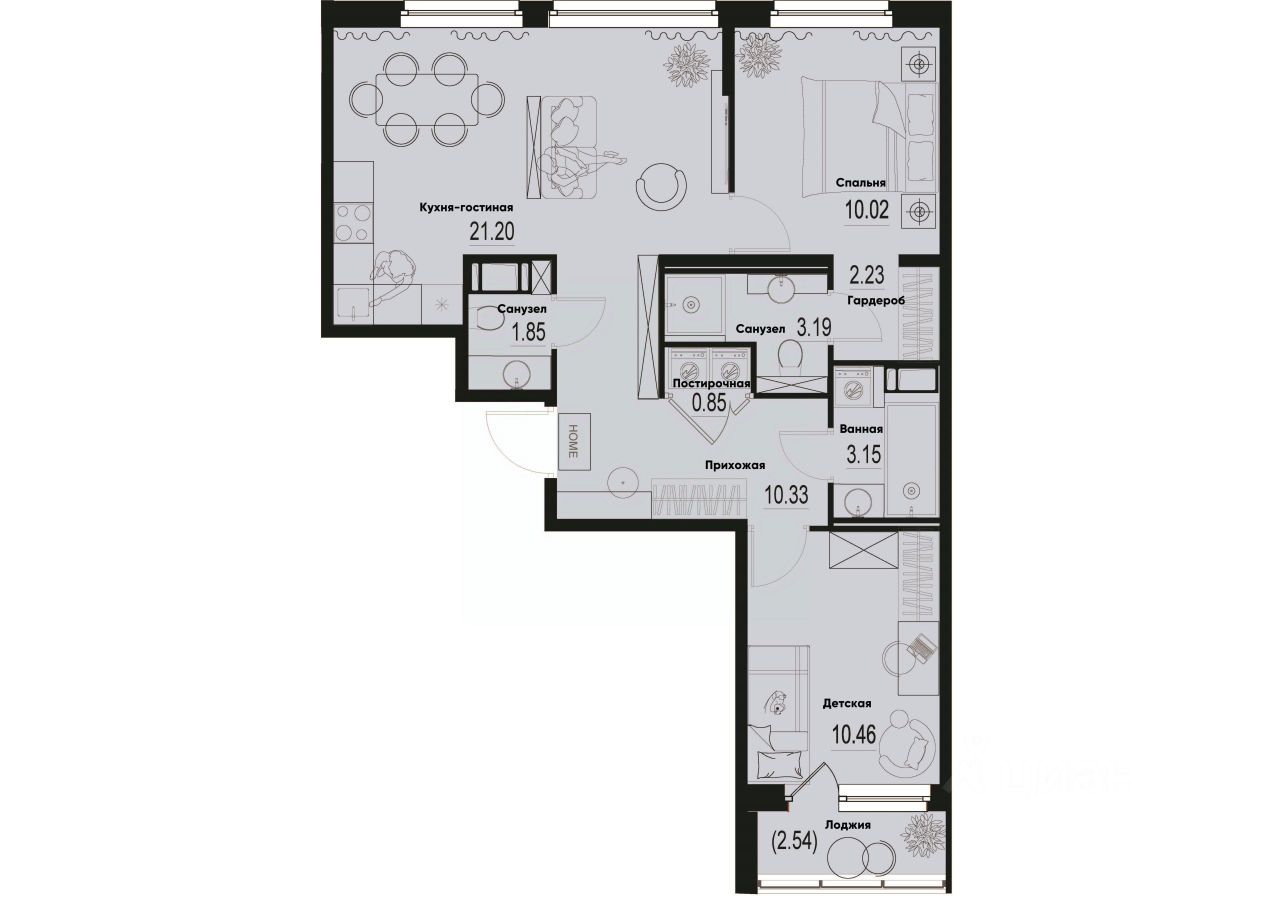2-комн.кв., 64,5 м², 2/12 этаж
