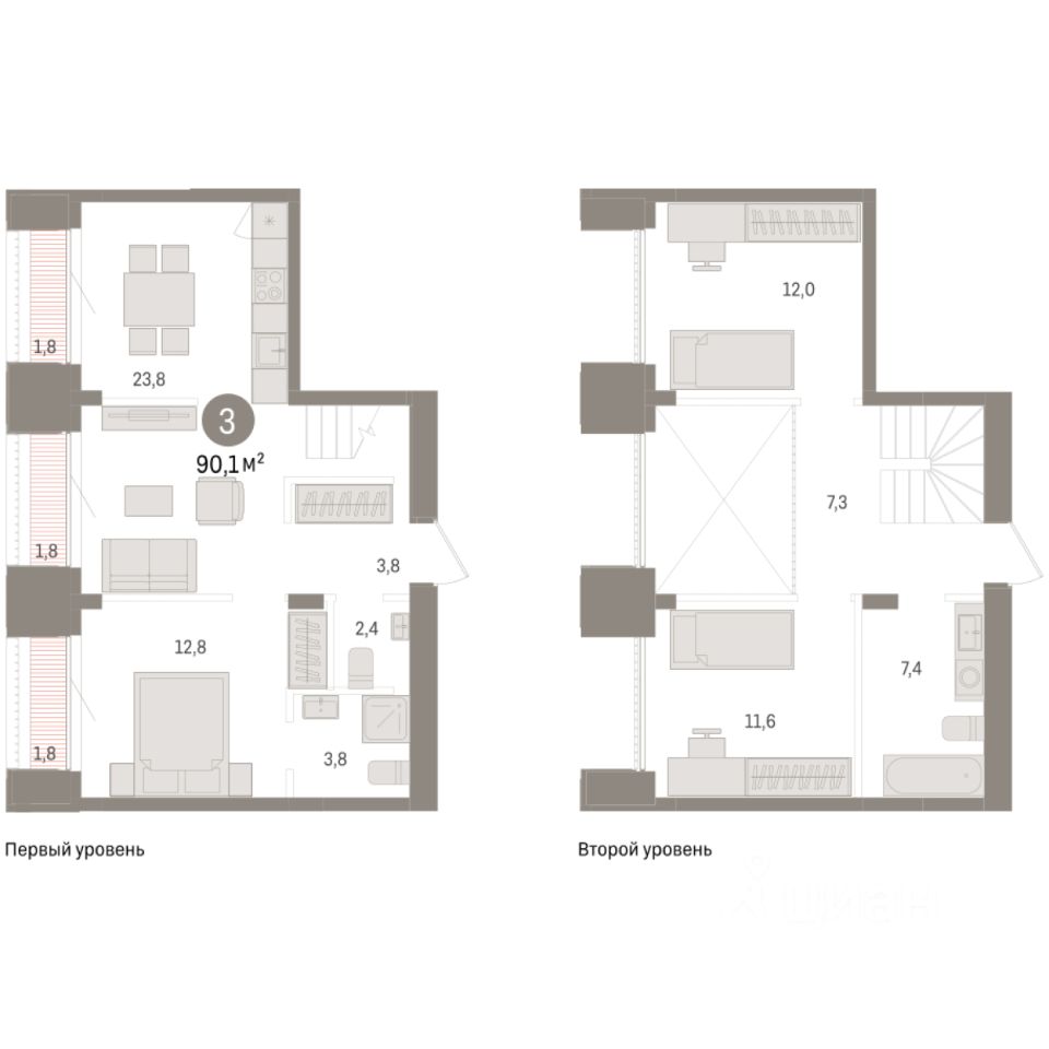 3-комн. квартира, 90.1 м² 2