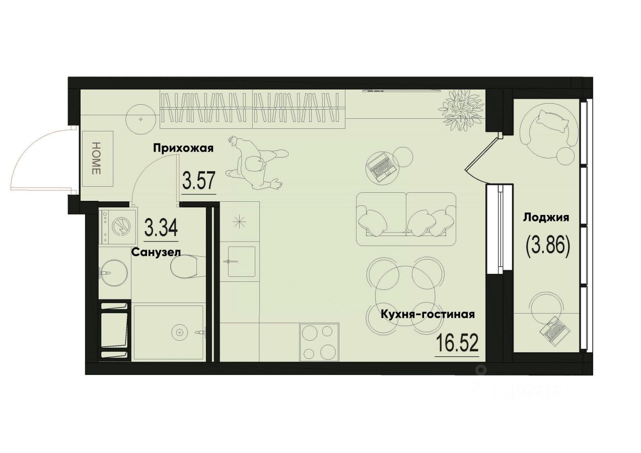 Студия, 25,4 м², 7/12 этаж