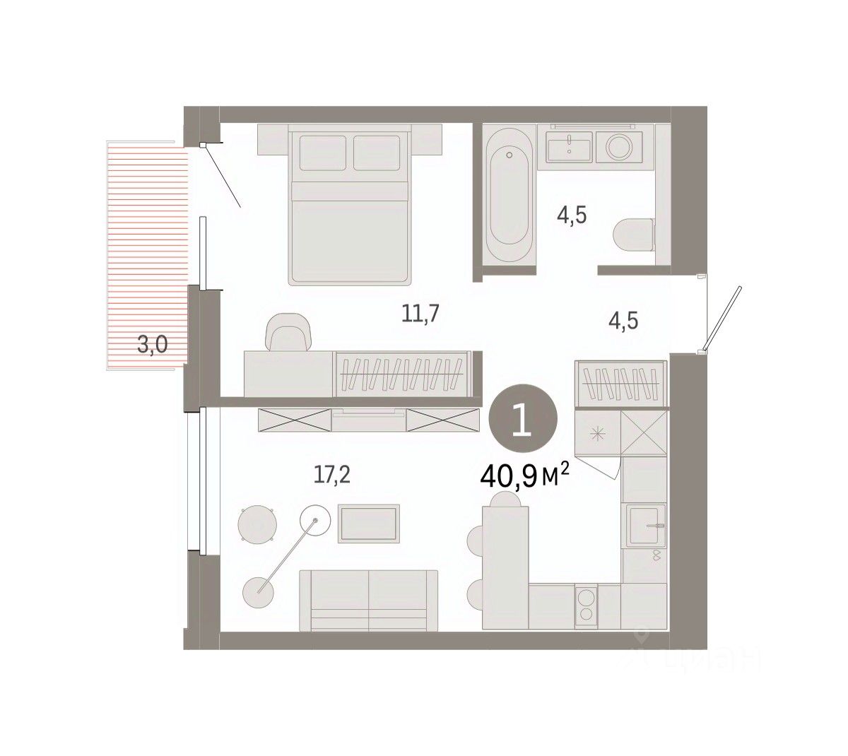 1-комн. квартира, 40.9 м² — фото 2