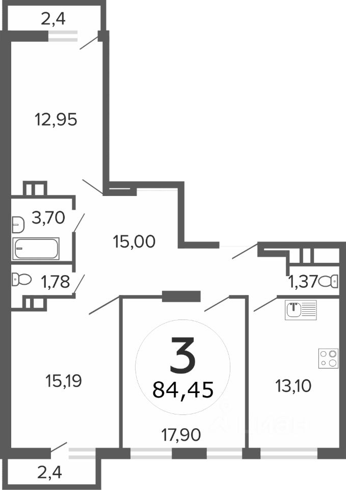Планировка этой квартиры по данным Циан