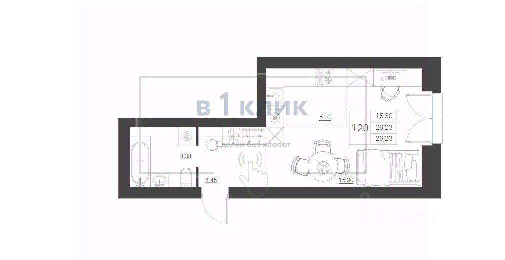 Студия, 29,2 м², 1/8 этаж