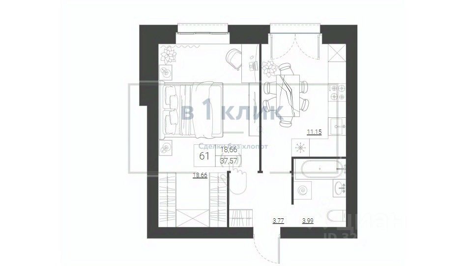 1-комн.кв., 37,6 м², 1/8 этаж
