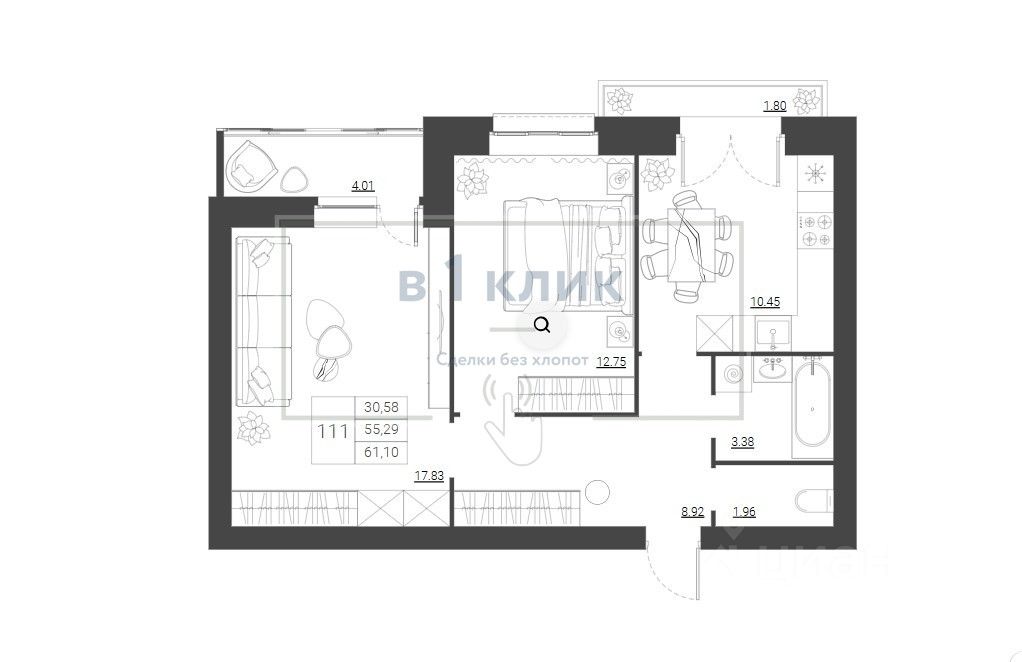 2-комн.кв., 61,1 м², 8/8 этаж