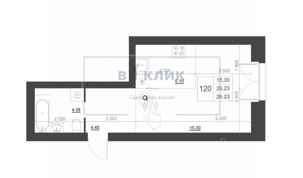 Студия, 29,2 м², 1/8 этаж