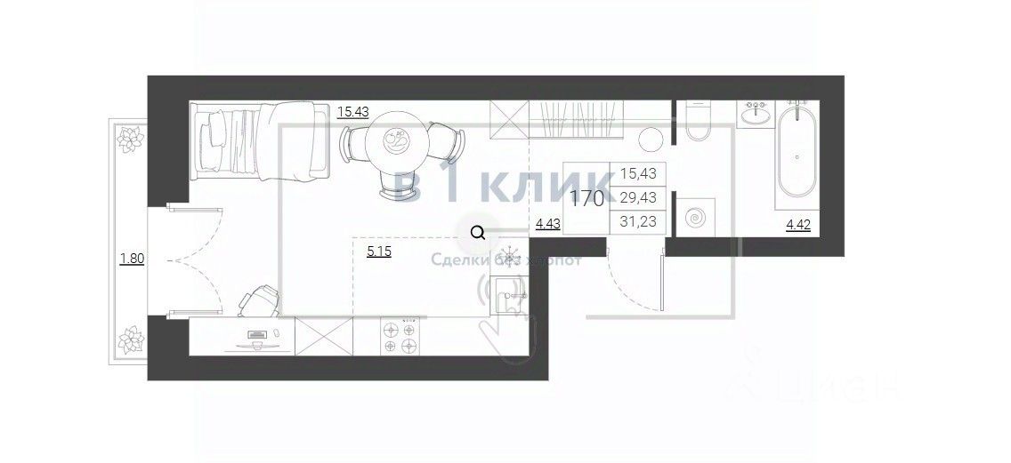 Студия, 31,2 м², 8/8 этаж