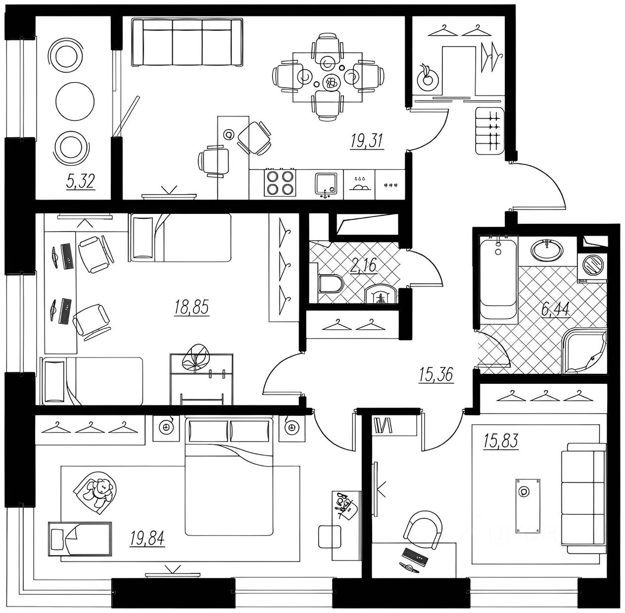 Планировка этой квартиры по данным Циан