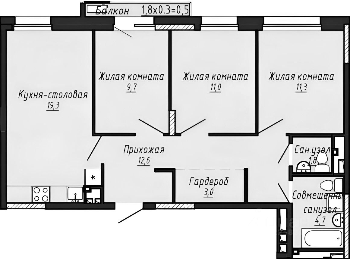 Планировка этой квартиры по данным Циан