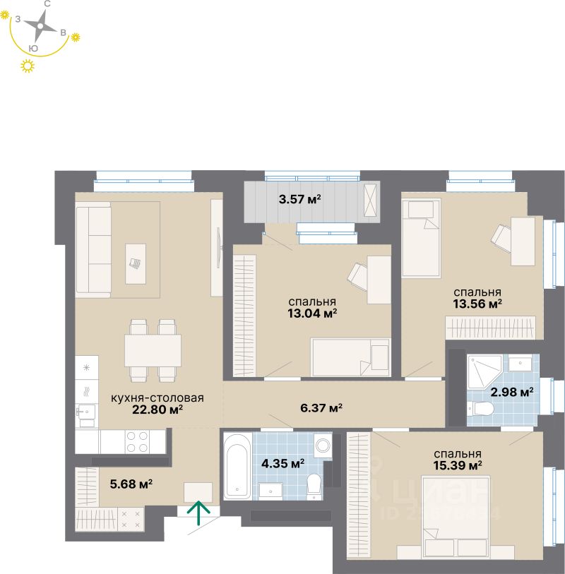 3-комн.кв., 87,7 м², 14/24 этаж