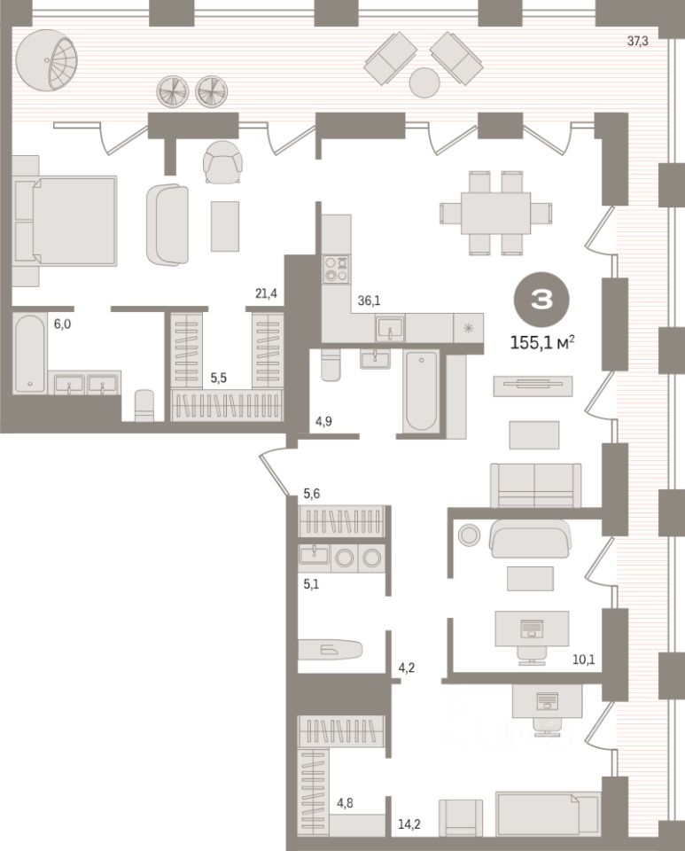 3-комн.кв., 155,1 м², 27/30 этаж