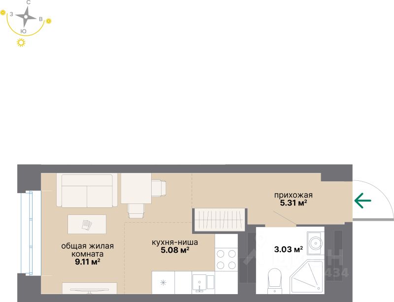 Студия, 22,5 м², 17/17 этаж