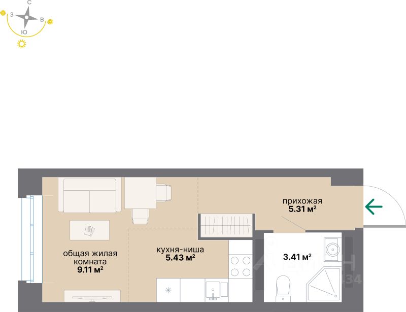 Студия, 23,3 м², 13/17 этаж