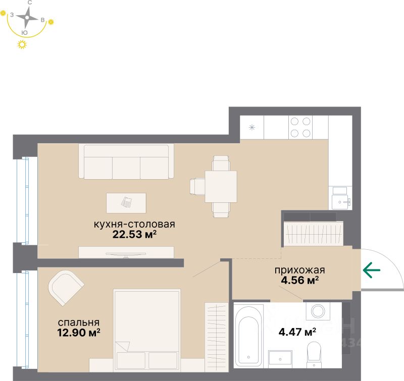 1-комн.кв., 44,5 м², 10/17 этаж