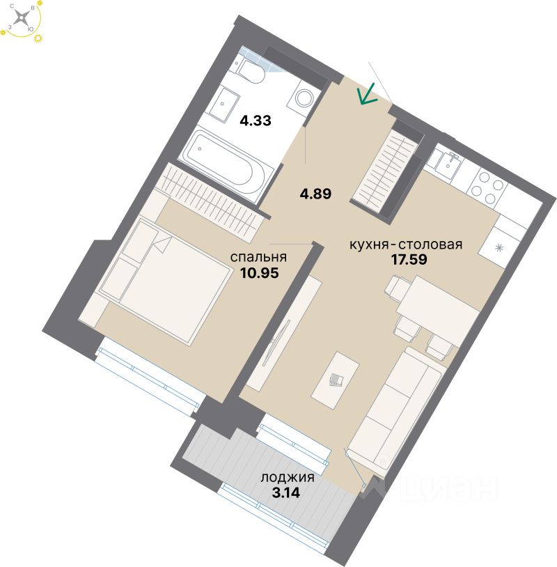 1-комн.кв., 40,9 м², 8/8 этаж