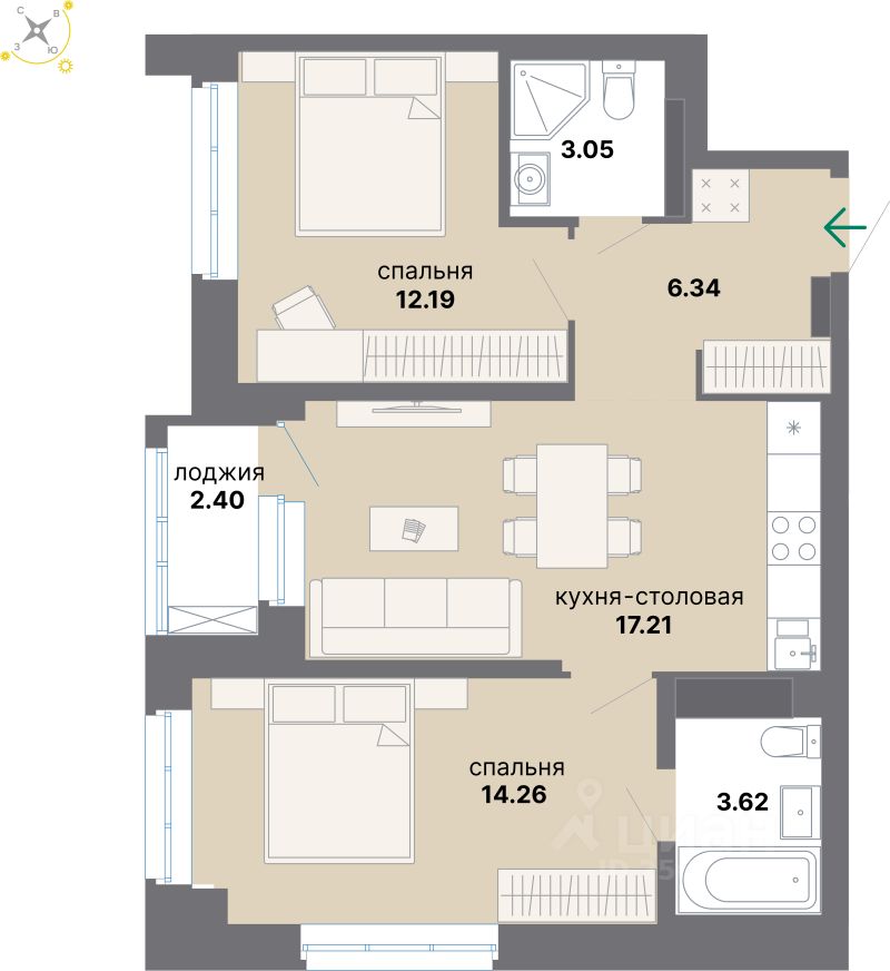 2-комн.кв., 59,1 м², 7/8 этаж