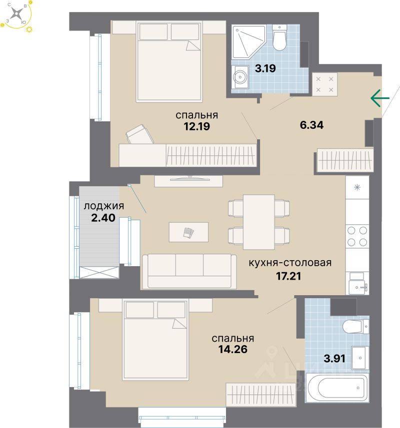 2-комн.кв., 59,5 м², 3/8 этаж