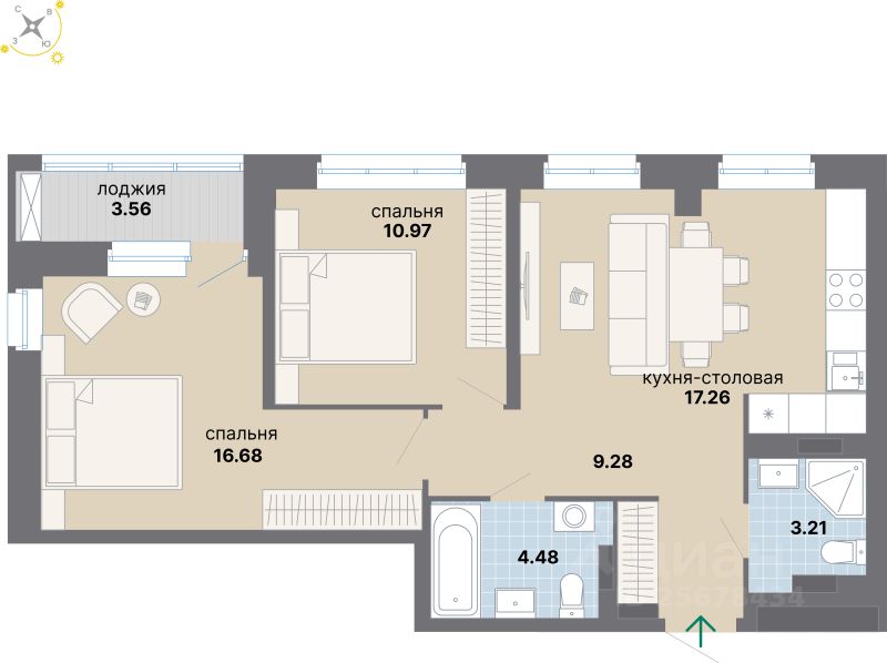 2-комн.кв., 65,4 м², 3/8 этаж
