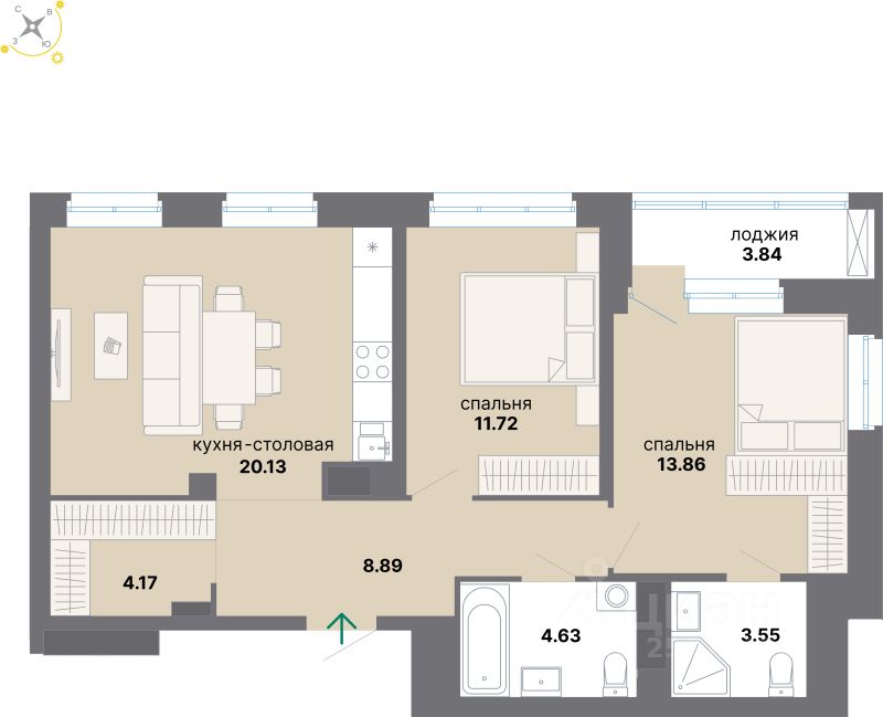 2-комн.кв., 70,8 м², 8/8 этаж