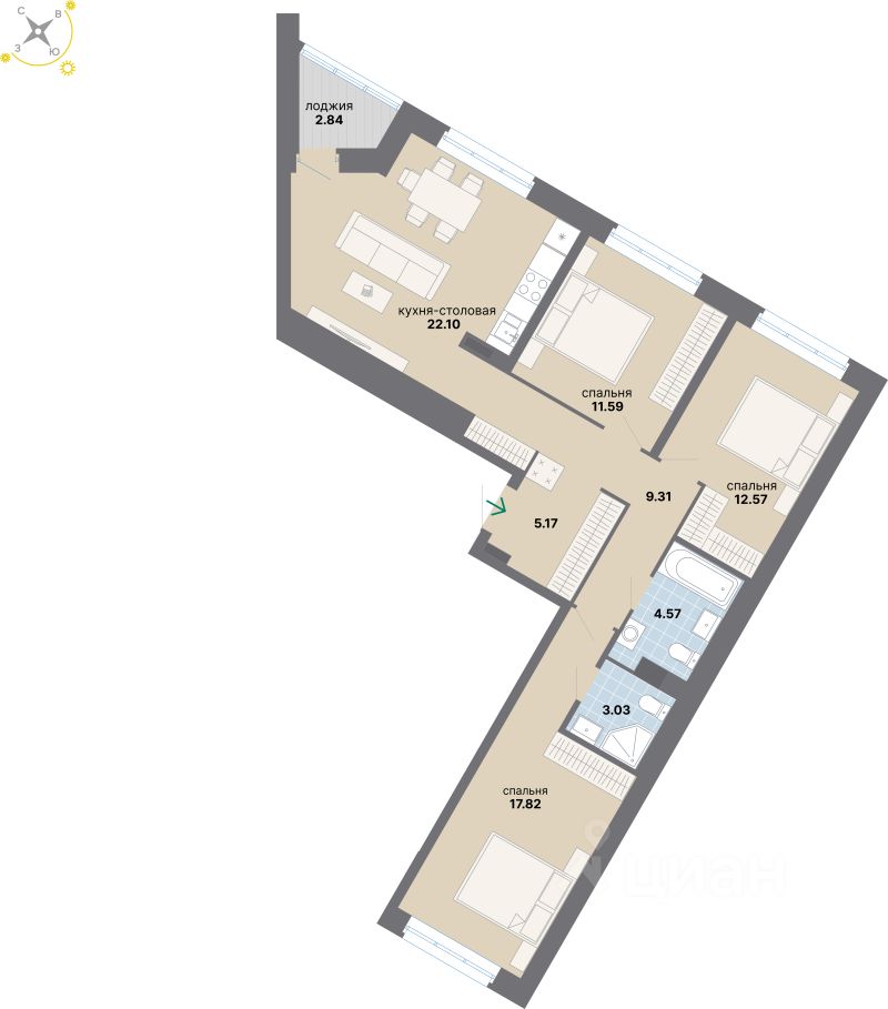 3-комн.кв., 89 м², 3/8 этаж