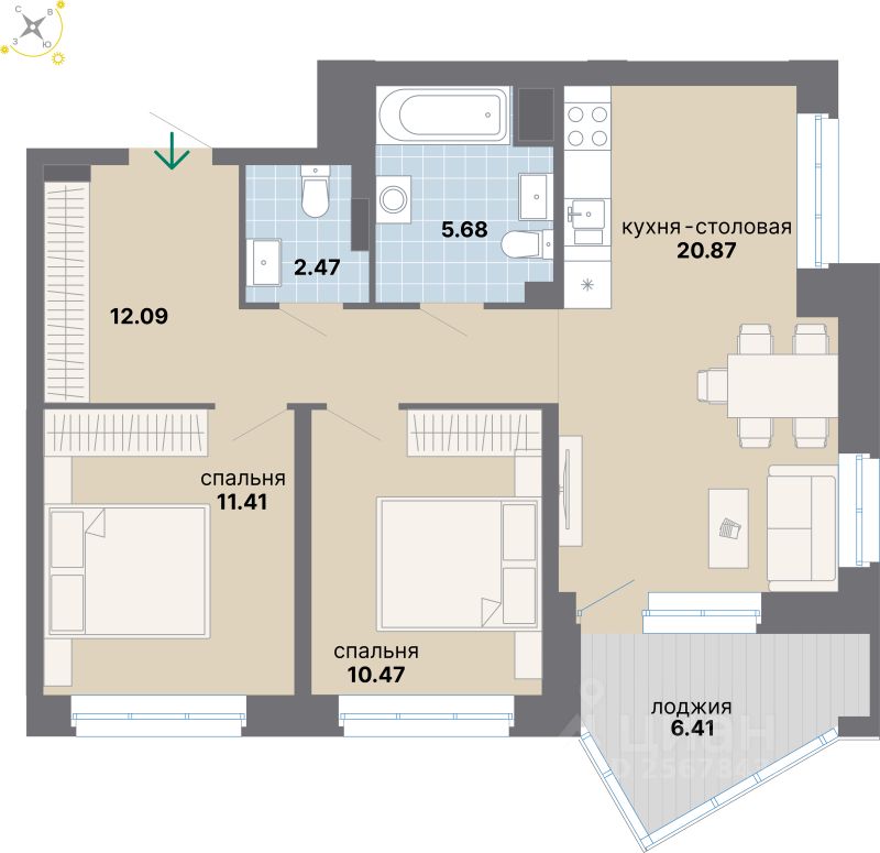 2-комн.кв., 69,4 м², 3/8 этаж