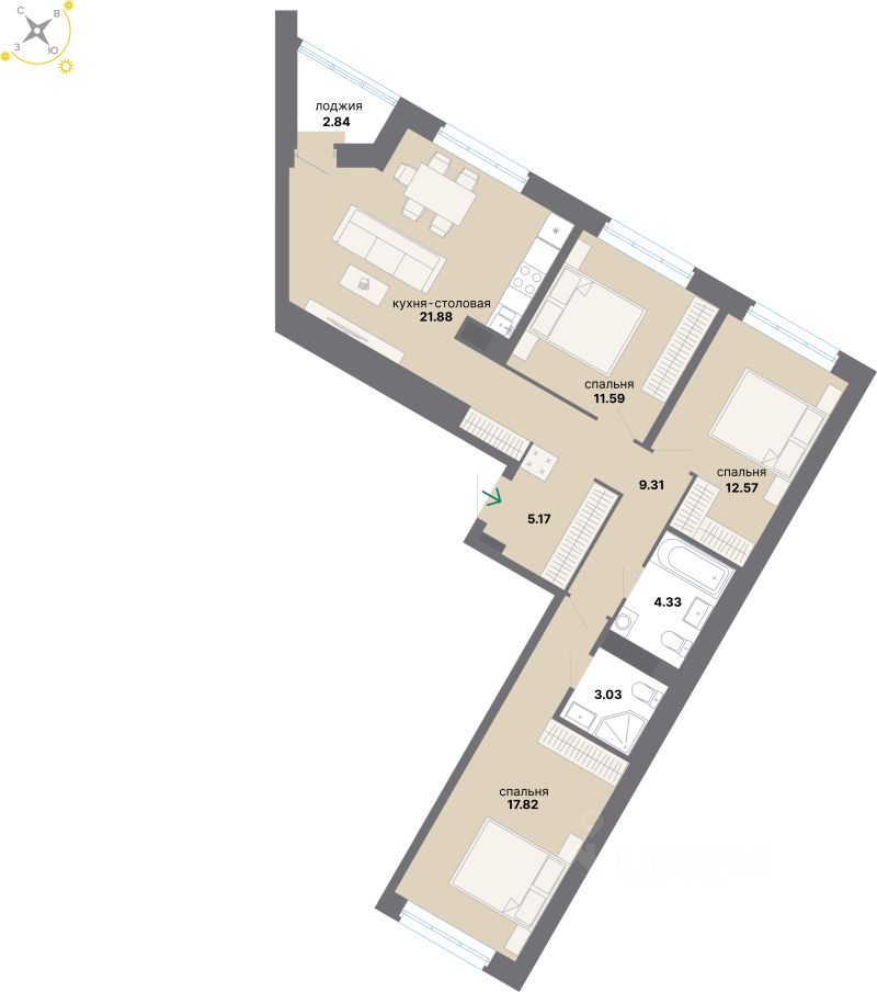 3-комн.кв., 88,5 м², 7/8 этаж