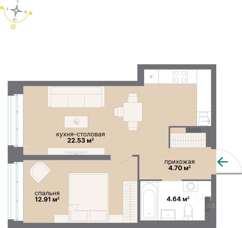 1-комн.кв., 44,8 м², 4/17 этаж
