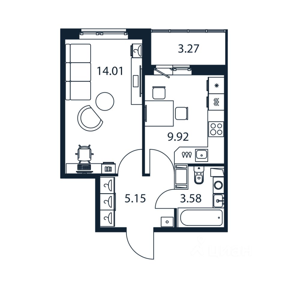 1-комн.кв., 32,1 м², 10/12 этаж