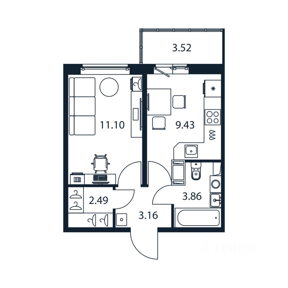 1-комн.кв., 29,3 м², 7/12 этаж