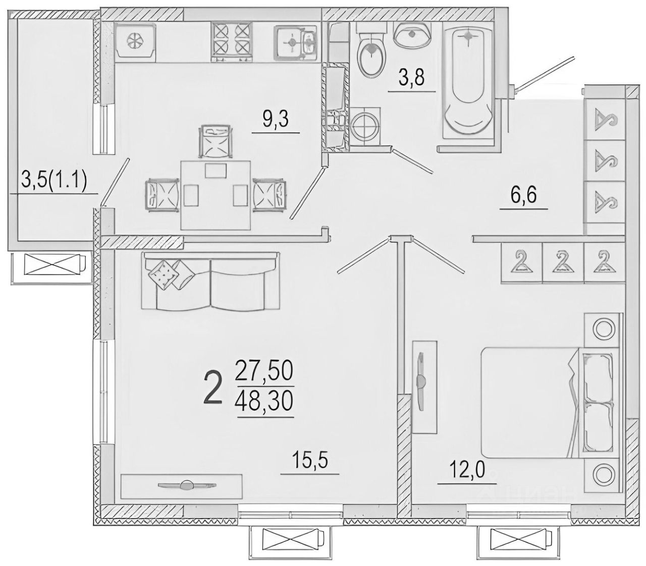 Планировка этой квартиры по данным Циан