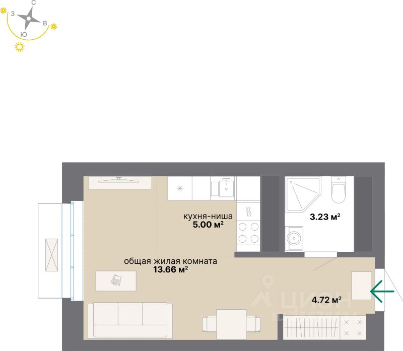 Студия, 26,6 м², 20/24 этаж