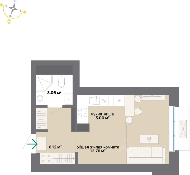 Студия, 27,9 м², 22/24 этаж